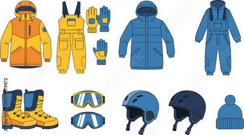 Winter sports clothing and equipment illustration set with jacket boots helmet goggles gloves and insulated overalls