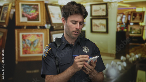 Photography Man police officer writing on notepad holding pen with badge and radio visible amid framed paintings in building; duty security