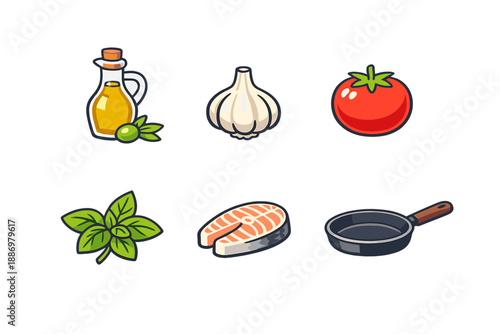 Cooking ingredients on a table with olive oil, garlic, tomato, basil, salmon, and a frying pan prepared for a meal in a kitchen setting