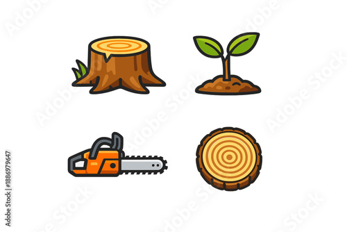 Different stages of a tree's life cycle including a tree stump, a young plant, a chainsaw, and a cut timber piece displayed in a simple layout