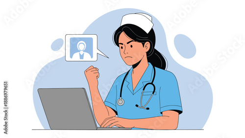 Determined female nurse in blue scrubs and a cap working on a laptop with a focused and slightly angry facial expression.