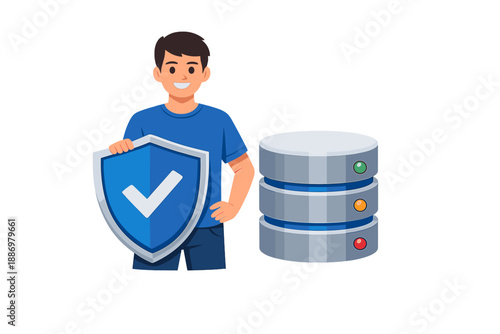 Person holds shield next to stacked data storage with colored lights showing security and protection in a digital environment