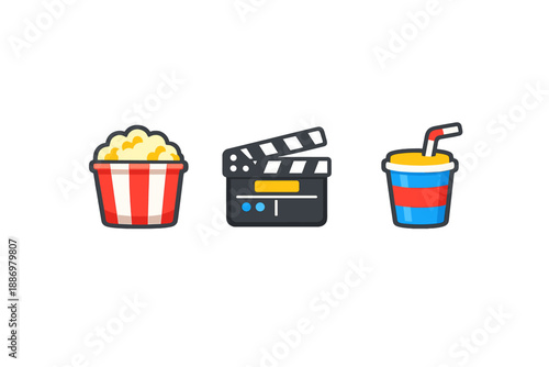 Enjoying snacks and drinks at a movie night with popcorn, a film clapperboard, and a soft drink before the show begins