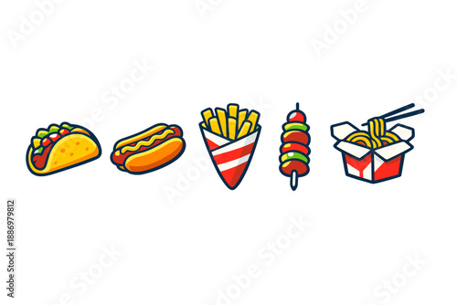 Food items displayed in a row including tacos, hot dogs, French fries, skewers, and noodles in a container during a casual meal time