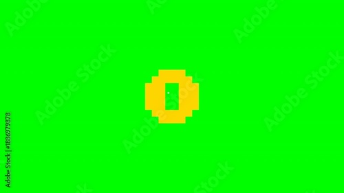 Retro 8-bit Pixel Art Gold Coin Spinning Loop Animation Green Screen 4K, Golden pixelated coin spinning animation in classic 8-bit arcade style. Perfect overlay for treasure, rewards, crypto currency 