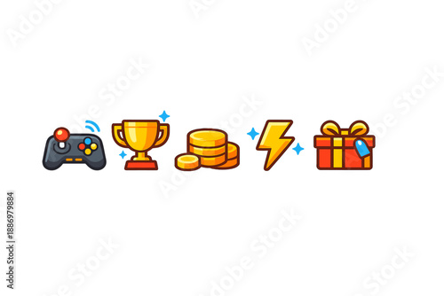 Gaming symbols show controller, trophy, coins, lightning bolt, and gift in a simple design representing rewards and achievements often found in video games
