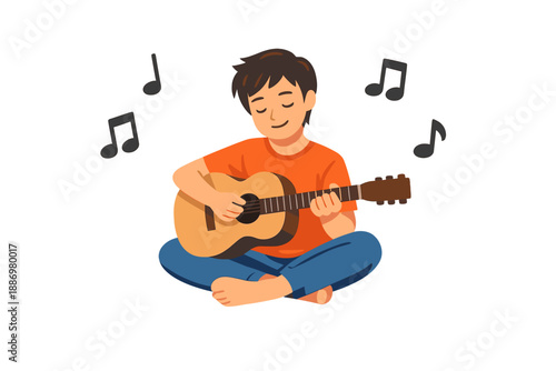 Young boy plays guitar and sings while sitting on the floor in a simple indoor setting with music notes around him