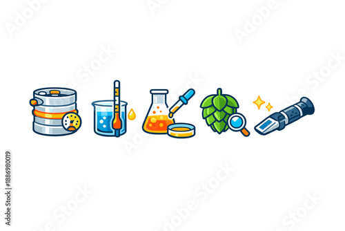 Different tools and equipment used in brewing beer are shown in simple illustrations, showcasing the process of making beer with various ingredients and measurements