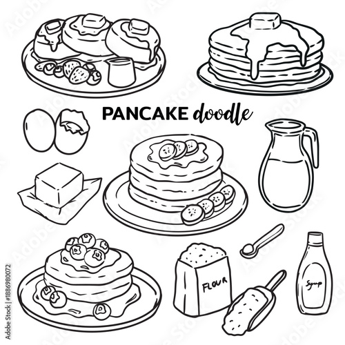 Set of hand drawn pancake and ingredients element doodle illustration