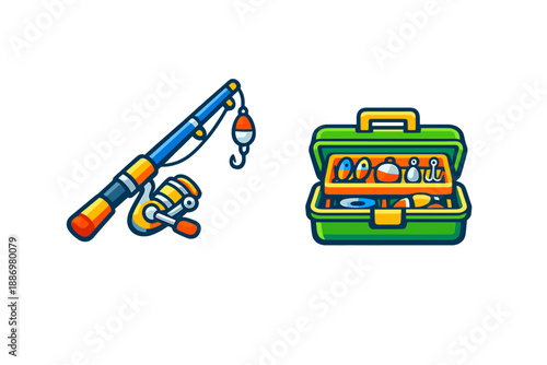 Fishing rod and tackle box are shown together for a fishing trip, showcasing tools needed for catching fish in a lake or river