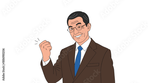 Successful senior businessman in a brown suit and glasses smiling and celebrating his achievement with a determined fist pump.