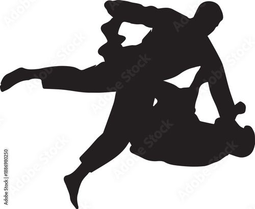 Silhouette of Martial Arts Fighters Performing a Professional Judo Throw or Jiu-Jitsu Takedown Isolated on White