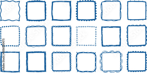 Hand Drawn Doodle Square Frames Set, Blue Ink Border Vector Elements
