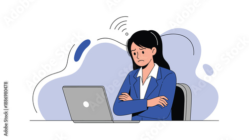 Worried businesswoman in a blue suit sitting at her laptop with a weak internet connection icon above her head.