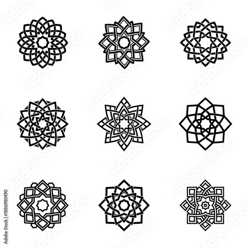 Islamic Geometric Ornament Set Black Interlace Star Rosette Icons Vector in Transparent Background. Ramadan and Eid designs, mosque decoration, tile patterns, invitations, and ornamental templates.