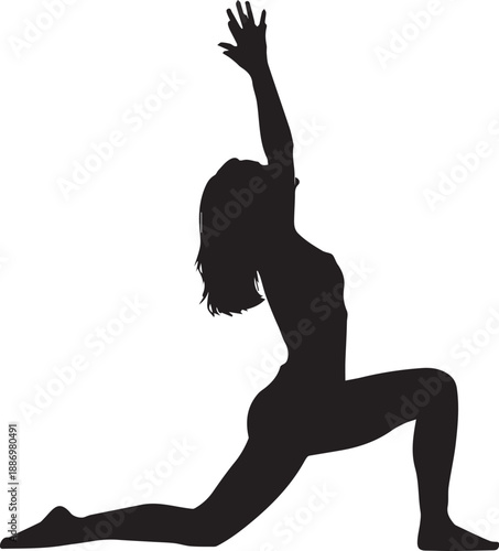 Silhouette of Slim Woman Practicing Yoga in Crescent Lunge Pose Isolated on White Background