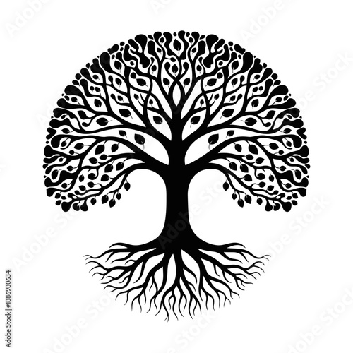 Tree Silhouette with Intricate Roots and Branches.