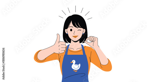 Happy woman wearing an orange shirt and a blue apron with a duck logo giving a thumbs up and an okay hand sign.