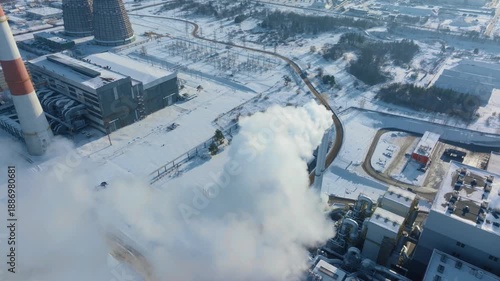 Smoke of industrial power plant, aerial view at winter
