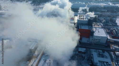 Smoke of industrial power plant, aerial view at winter