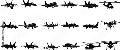 Military aircraft silhouette icon set with fighter jets and helicopters for aviation defense war designs