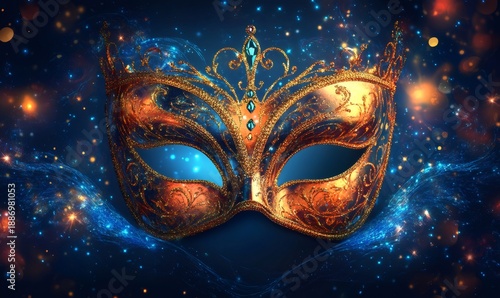 Wallpaper Mural Gold and blue masquerade mask with ornate details, shimmering against a dark background with sparkling lights, embodying mystery and celebration Torontodigital.ca