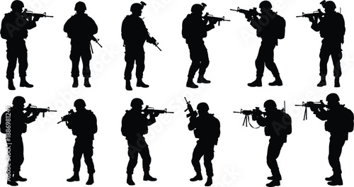 Military soldier silhouette set showing armed combat patrol and tactical action poses isolated on white background for security defense illustration design collection use