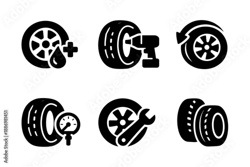 Tire service and wheel maintenance icon collection in black. Set of tire repair, drilling, rotation, pressure check, wrench service, spare wheel icons
