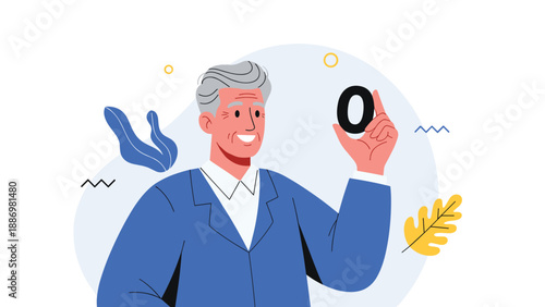 Happy senior man in a blue suit holding a black 3D number zero icon while standing against a modern abstract background.