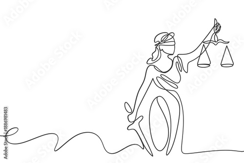 Continuous line drawing of lady justice holding scales of fairness