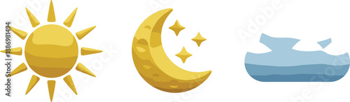 Weather and time icon set with sun moon stars and cloud shapes for forecast interface and seasonal designs