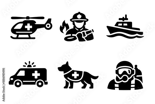 Rescue and emergency response icon collection in black. Set of medical helicopter, firefighter, rescue boat, ambulance vehicle, rescue dog, diver icons