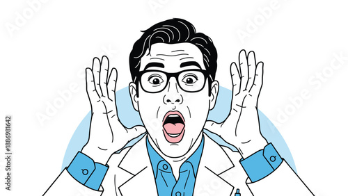 Surprised male doctor with glasses and a white coat holding his face in shock with his mouth wide open in a cartoon style.