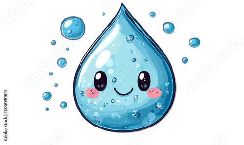 Happy water drop character illustration with a friendly face and blushing cheeks, surrounded by small blue bubbles