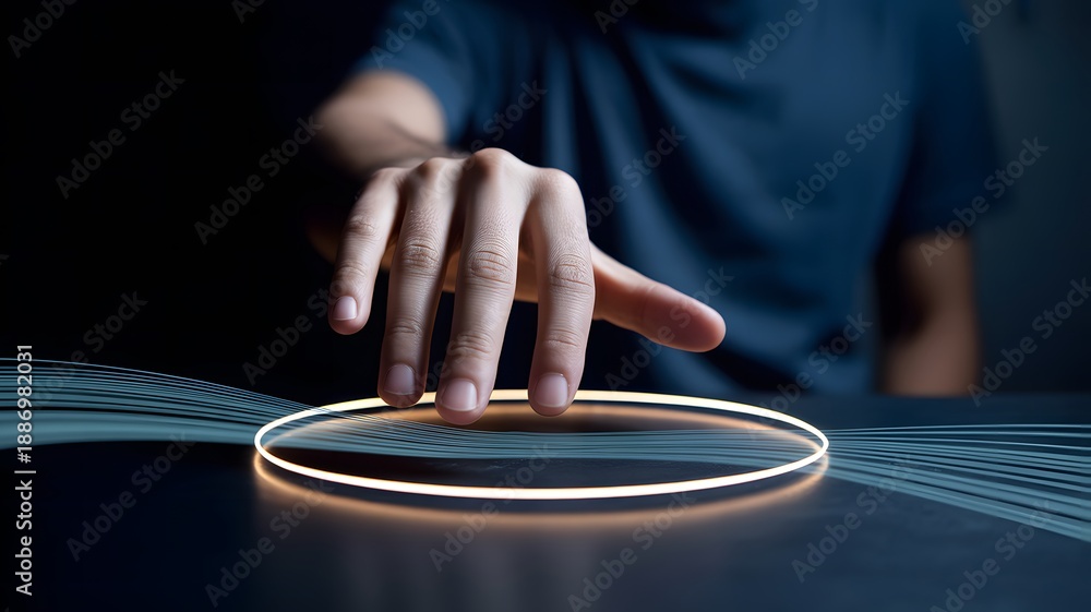 Obraz premium A human hand reaches to touch a bright glowing orange light circle with blue digital streams on a dark futuristic surface