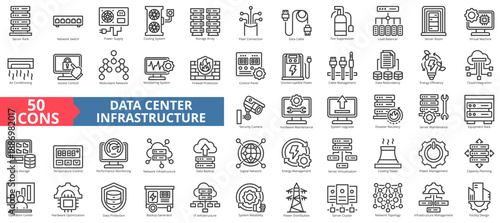 data center infrastructure icon set outline style illustration. containing server room, facility design, firewall protection, hardware maintenance, security camera, system upgrade, disaster recovery