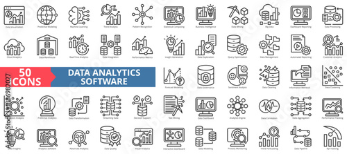 data analytics software icon set outline style illustration. containing insight generation, statistical computing, pattern recognition, forecast modeling, information retrieval, regression analysis