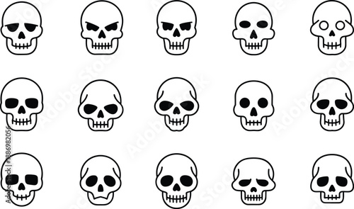 Fifteen different skull icons in a grid on a white background skulls skeleton