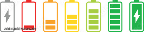 Set of battery level indicators from empty to full charge flat vector icons for power status and energy management isolated on white background