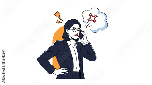 Angry businesswoman in a dark suit talking on her mobile phone with a red face and an anger symbol in a speech bubble.