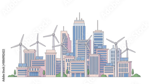 Eco-friendly cityscape with wind turbines and modern skyscrapers, illustrating renewable energy and sustainable urban development