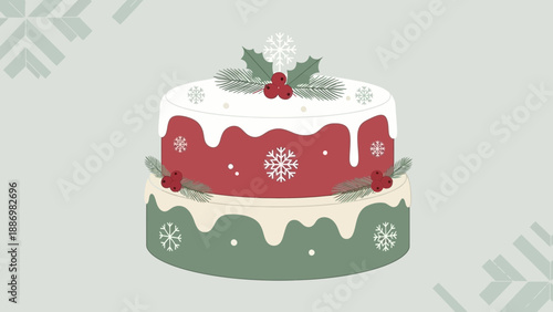 A beautifully decorated two-tiered Christmas cake adorned with festive red and green icing, holly berries, and snowflakes, perfect for holiday celebrations and winter festivities