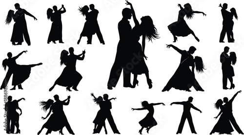 Romantic dance couple silhouette set featuring ballroom tango and expressive partner movements isolated on white background for music performance choreography illustration design