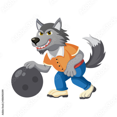 A cool grey wolf wearing a bowling shirt, sliding a heavy black bowling ball towards white pins