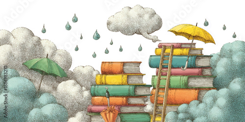 A colorful illustration of a stack of books 
