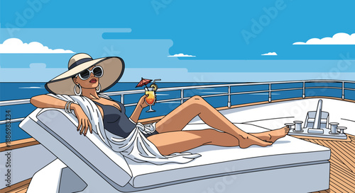 Vector illustration of a glamorous woman relaxing on a luxury yacht deck, enjoying premium summer vacation lifestyle with ocean breeze and stylish elegance in flat vector design