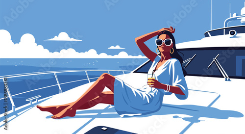 Vector illustration of a glamorous woman relaxing on a luxury yacht deck, enjoying premium summer vacation lifestyle with ocean breeze and stylish elegance in flat vector design