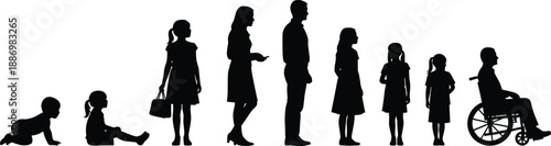 Black silhouette progression of human life stages from crawling baby and young children to adult figures and a senior in a wheelchair