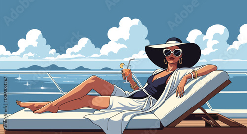 Vector illustration of a glamorous woman relaxing on a luxury yacht deck, enjoying premium summer vacation lifestyle with ocean breeze and stylish elegance in flat vector design