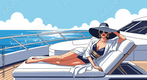 Vector illustration of a glamorous woman relaxing on a luxury yacht deck, enjoying premium summer vacation lifestyle with ocean breeze and stylish elegance in flat vector design